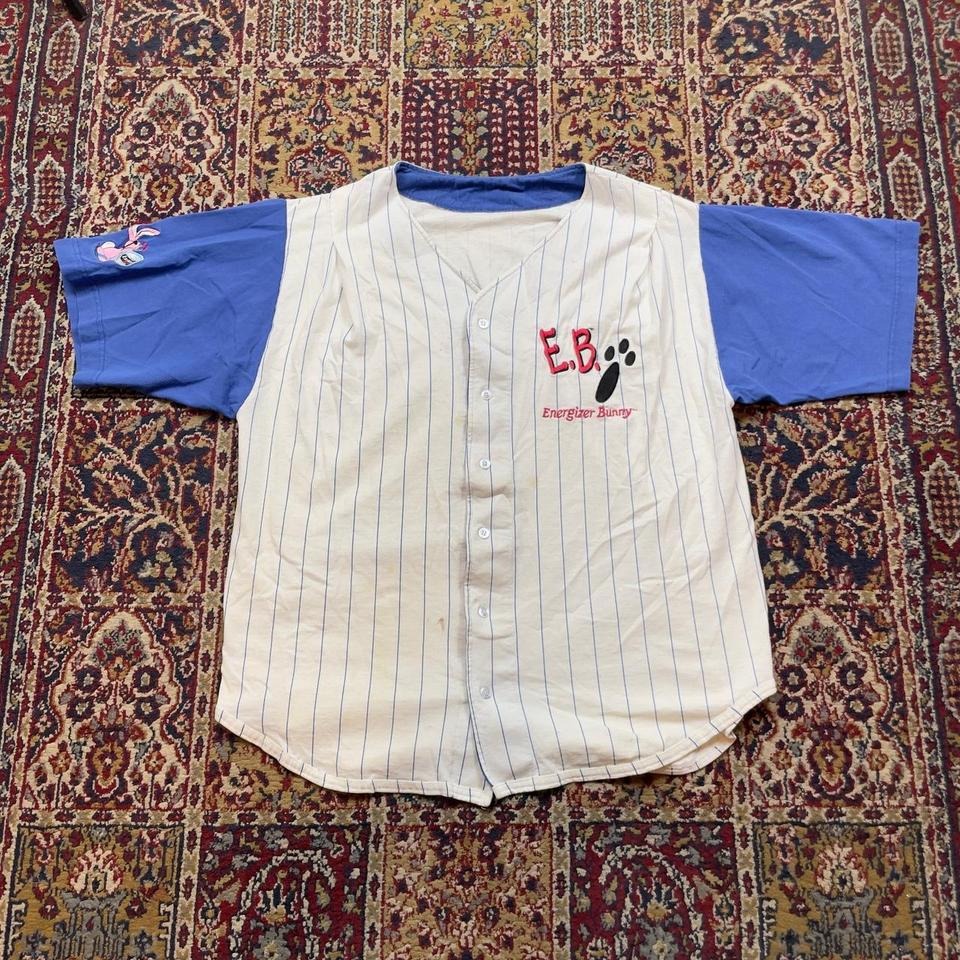 Vtg 90s Energizer Bunny Cut And Sew Pinstriped Brand Promo Baseball Jersey Xl